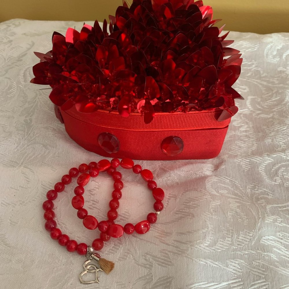 Red Bracelets with Double Heart Silver Charm and Tassel - Picture 2 of 4
